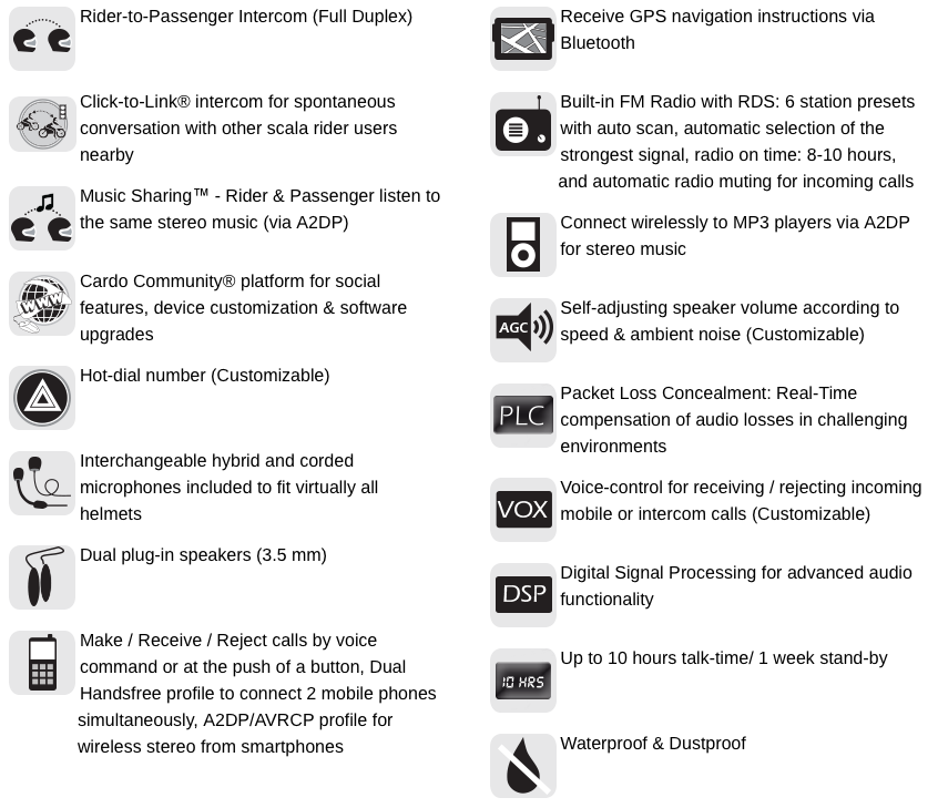 Cardo Scala Rider Teamset Pro SRTS0102 motorcycle intercom - specifications